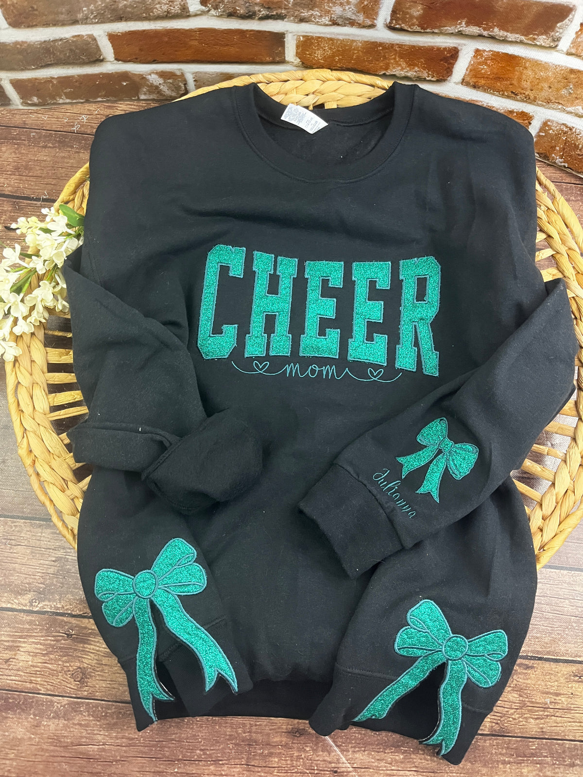 Custom cheer mom sweatshirt with side bows and glitter embroidery