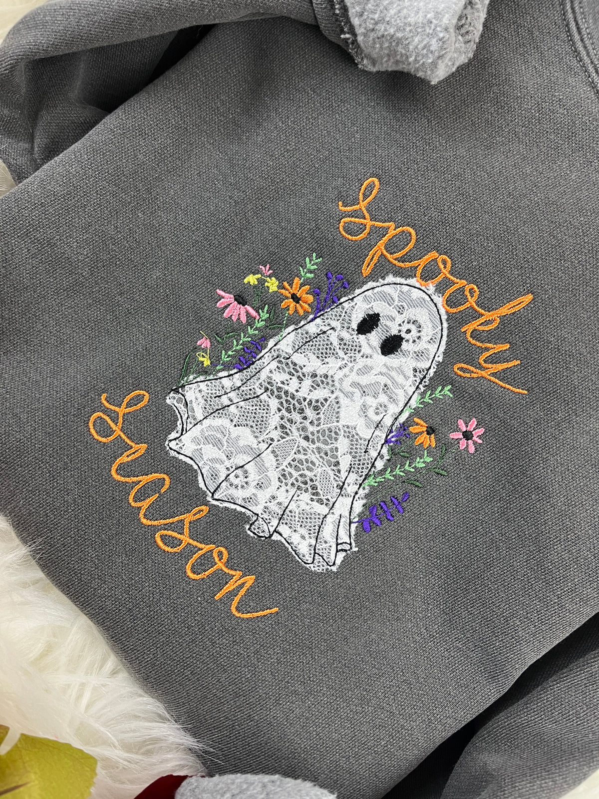 Floral white lace boho ghost embroidered sweatshirt with Spooky Season text - detail view 2