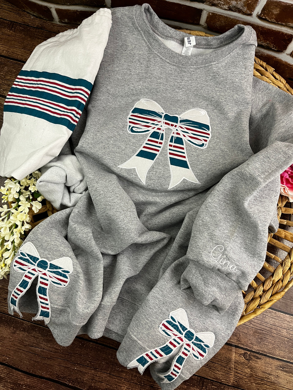 Nurse bow sweatshirt with side bows from a hospital swaddle blanket - alternate view