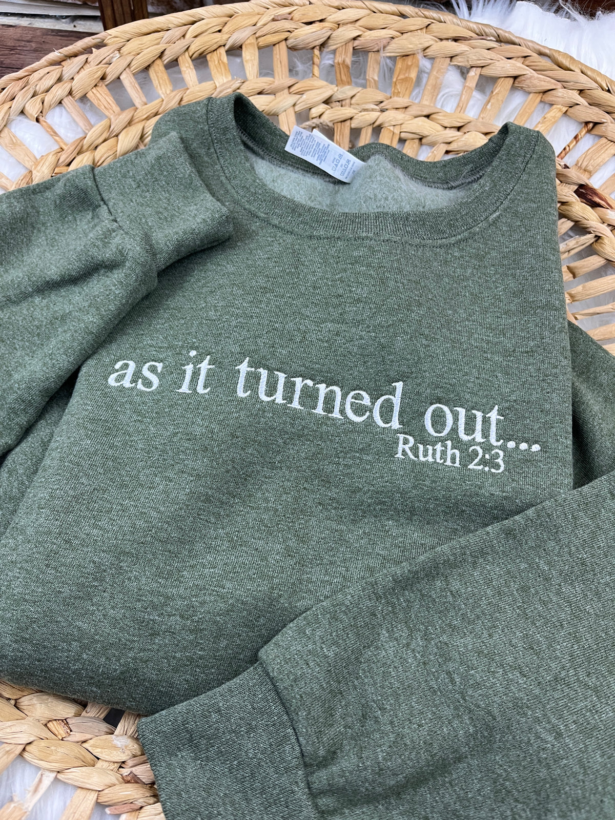 As It Turned Out Christian sweatshirt with Ruth scripture lettering - detail view 2