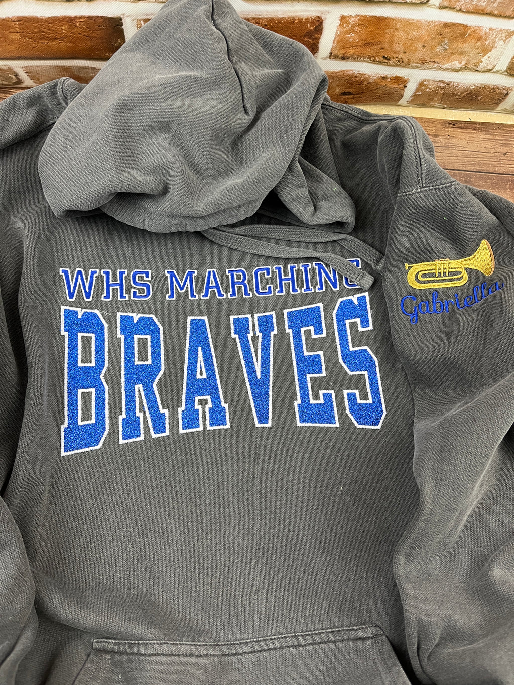 Custom marching band sweatshirt with glitter applique embroidered design
