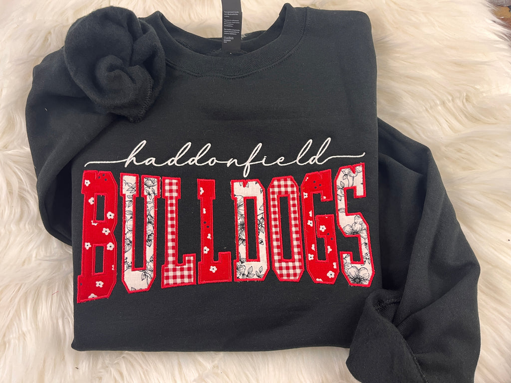 Haddonfield Bulldogs Mixed Fabric Applique Crewneck | Floral & Gingham | Embroidered Spirit Wear Fundraiser