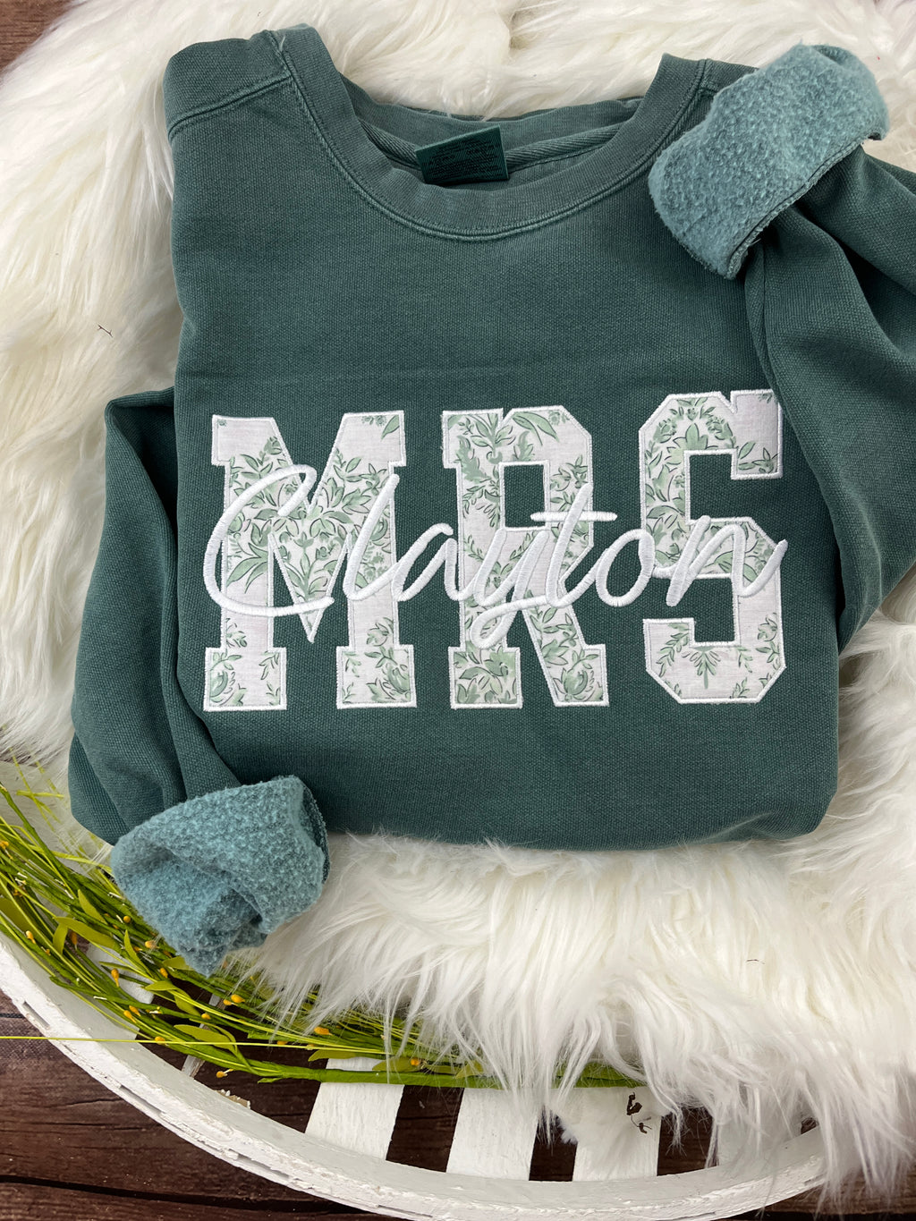 MRS applique sweatshirt in sage chinoiserie print with embroidered last name - detail view 6