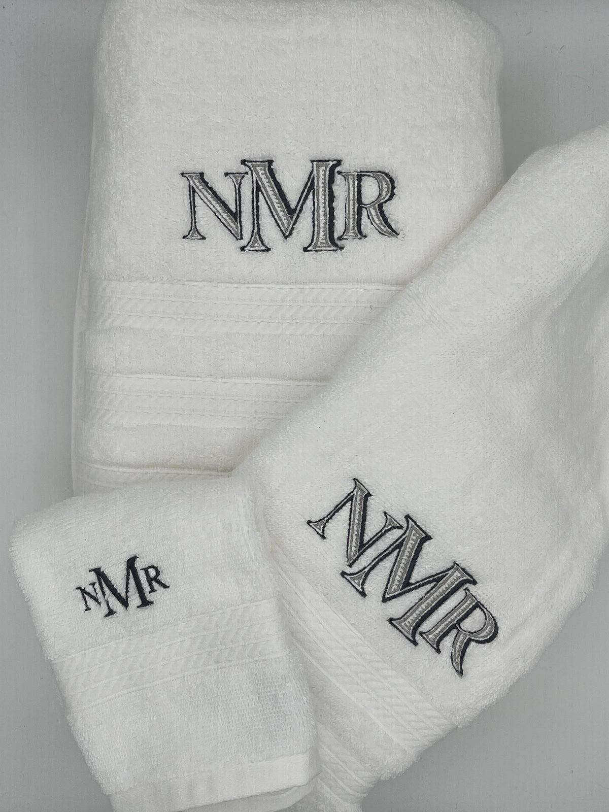 Monogrammed three piece bath towel set with embroidered initials