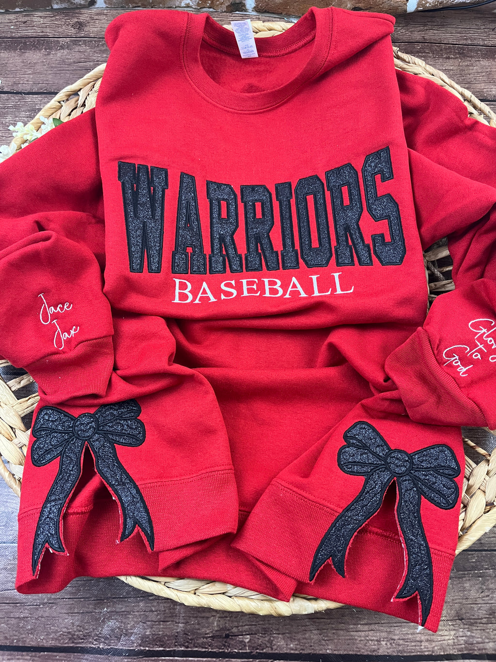 Custom baseball sweatshirt with glitter applique team name embroidery - detail view 5