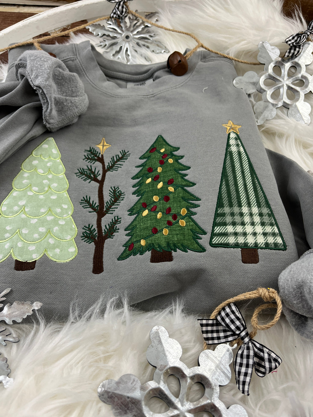 Christmas tree applique sweatshirt with embroidered holiday tree design - detail view 4