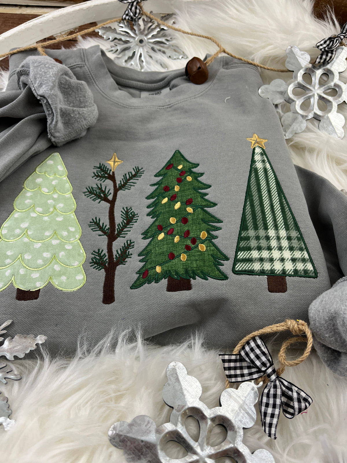 Christmas tree applique sweatshirt with embroidered holiday tree design - detail view 4