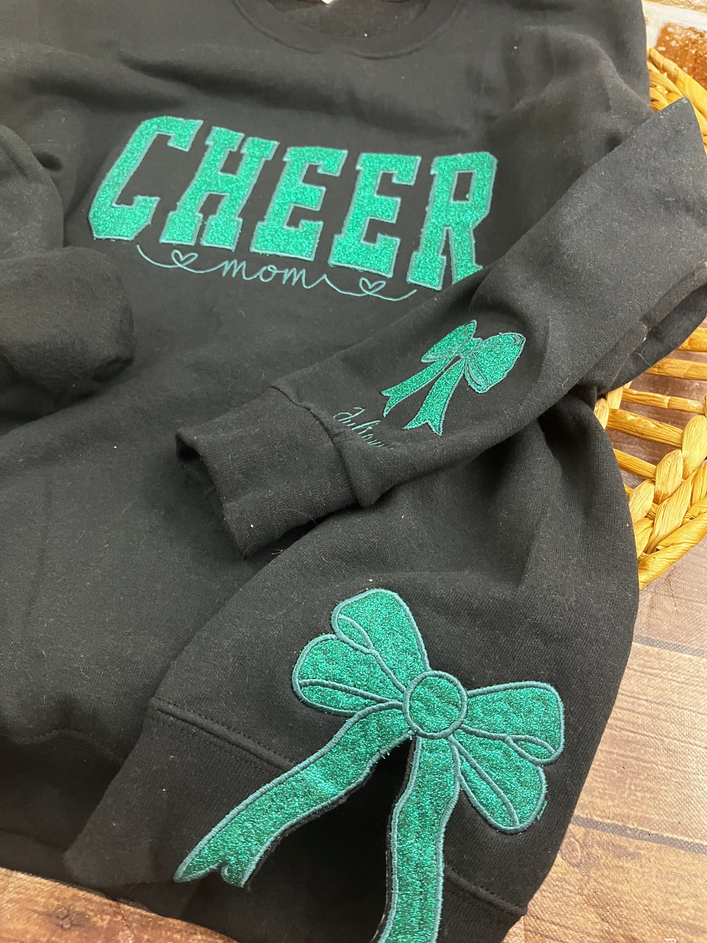 Custom cheer mom sweatshirt with side bows and glitter embroidery - additional view