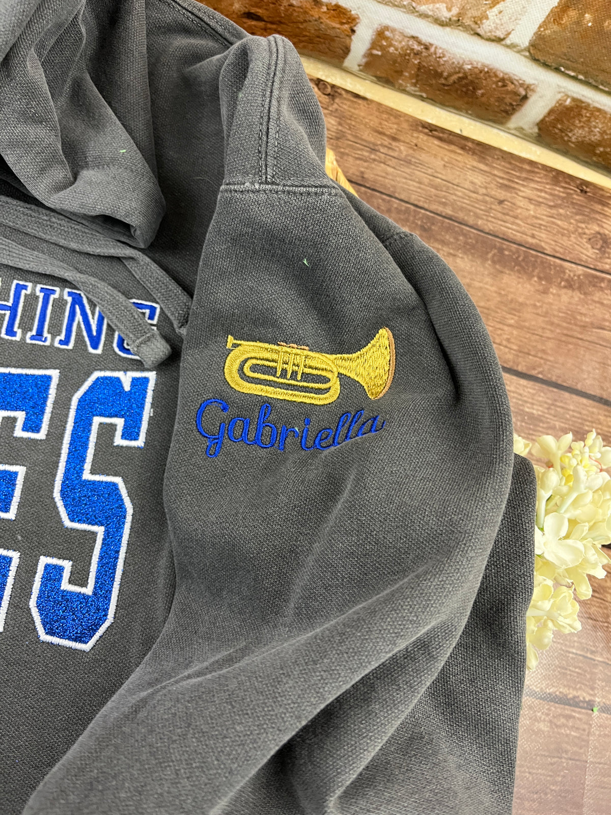 Custom marching band sweatshirt with glitter applique embroidered design - detail view 2