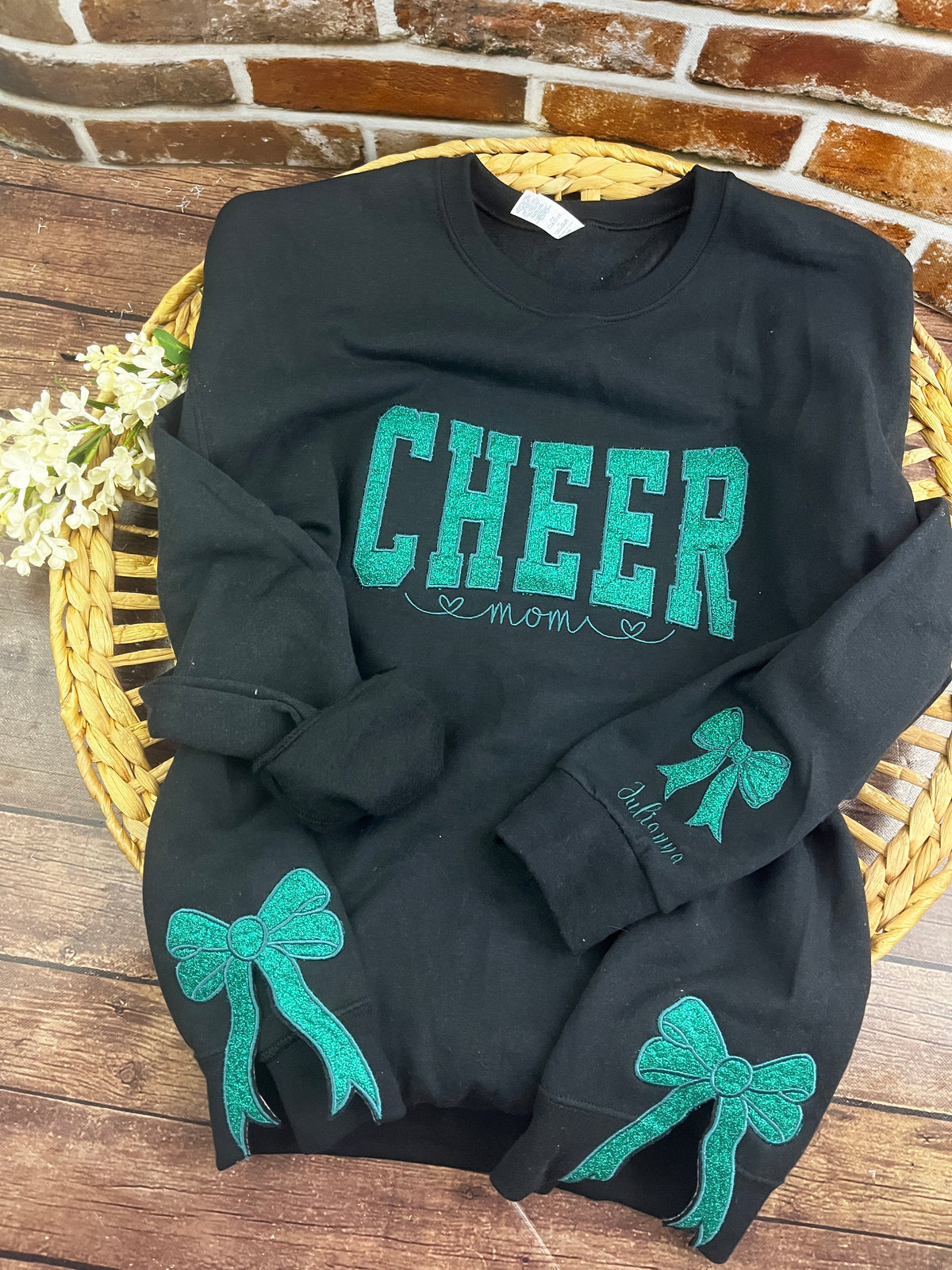 Custom cheer mom sweatshirt with side bows and glitter embroidery - styling option