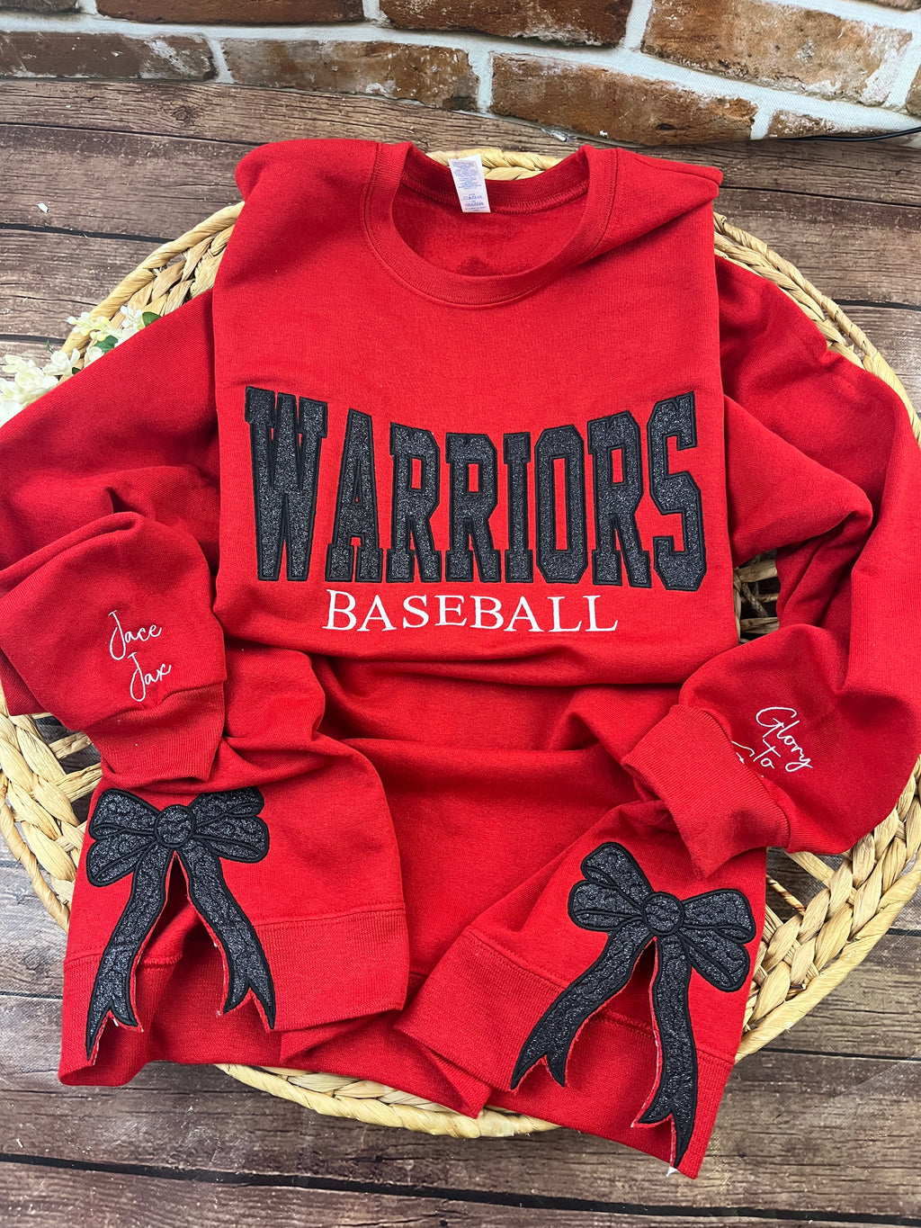Custom baseball sweatshirt with glitter applique team name embroidery - detail view 2