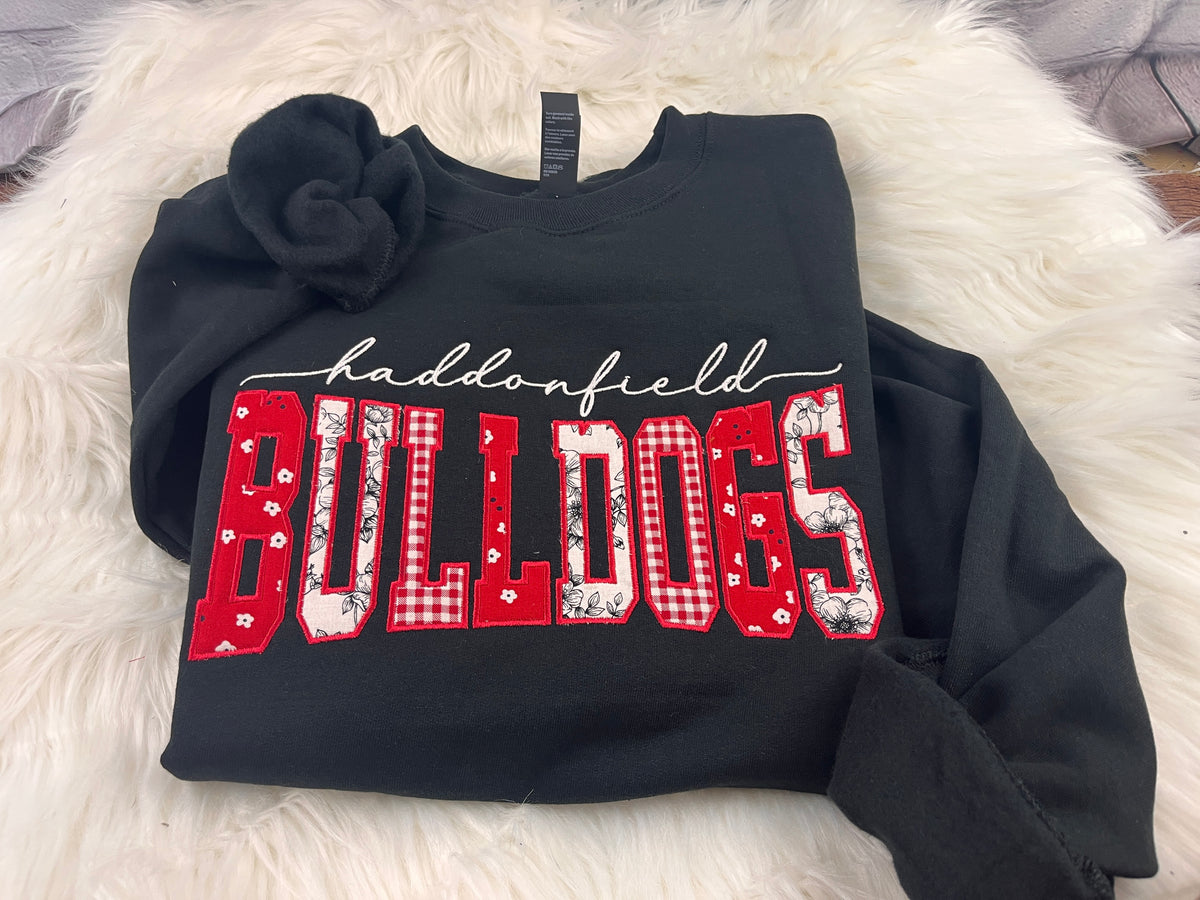 Haddonfield Bulldogs Mixed Fabric Applique Crewneck | Floral & Gingham | Embroidered Spirit Wear Fundraiser
