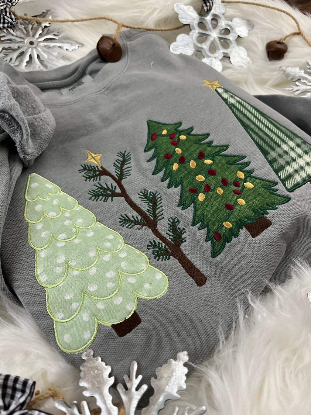 Christmas tree applique sweatshirt with embroidered holiday tree design - detail view 5