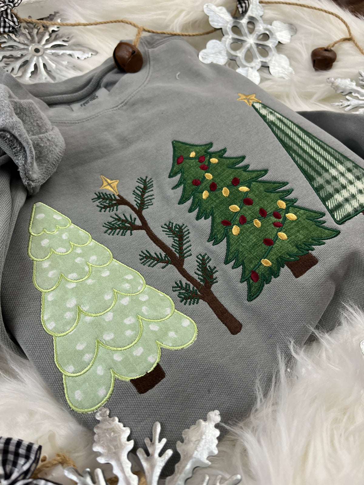 Christmas tree applique sweatshirt with embroidered holiday tree design - detail view 5