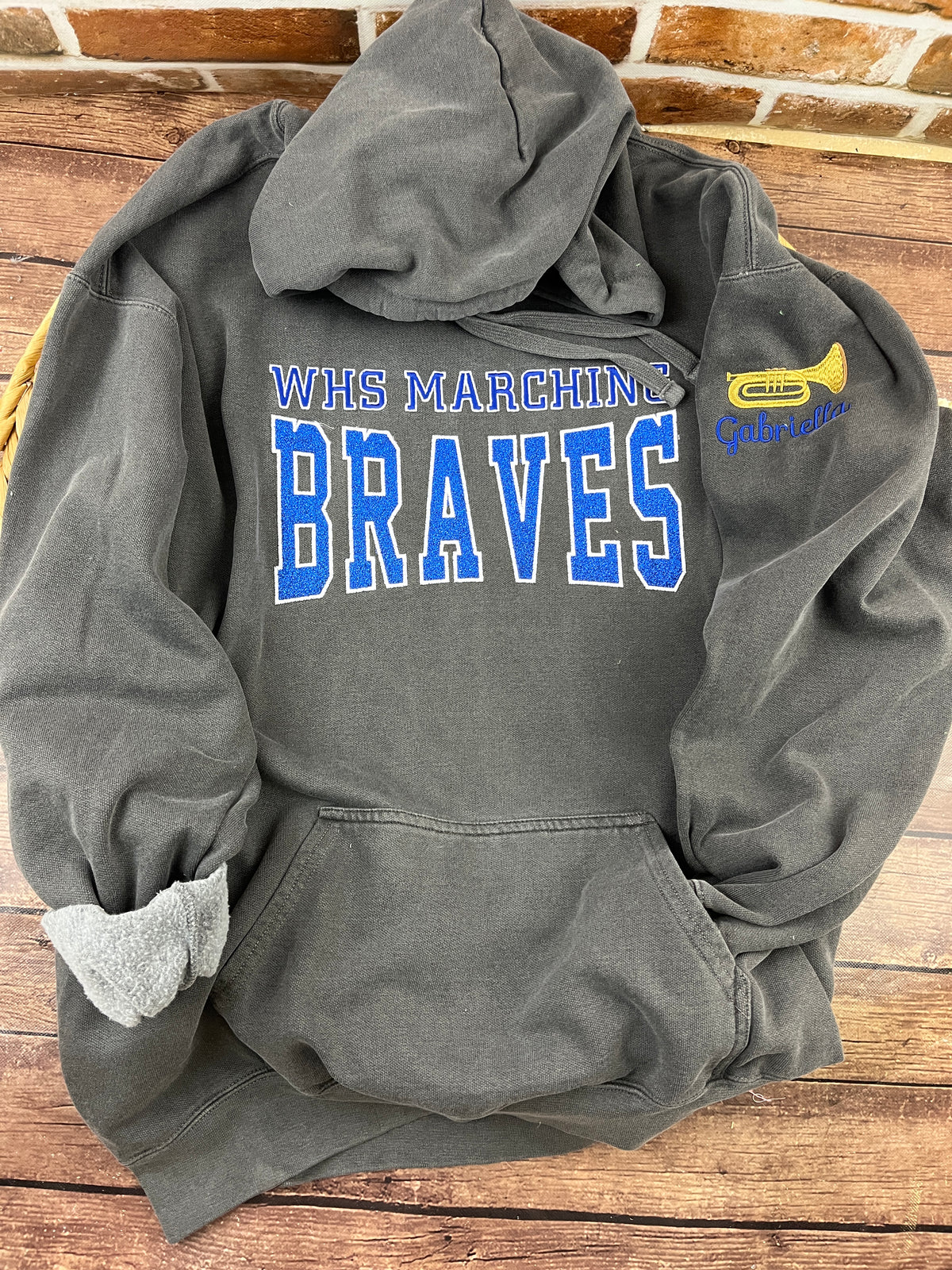 Custom marching band sweatshirt with glitter applique embroidered design - detail view 5
