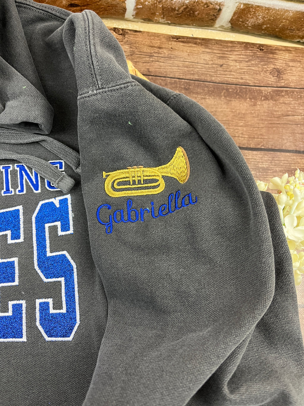 Custom marching band sweatshirt with glitter applique embroidered design - detail view 3