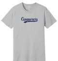 Conquerors script swoosh t-shirt, navy on Athletic Heather