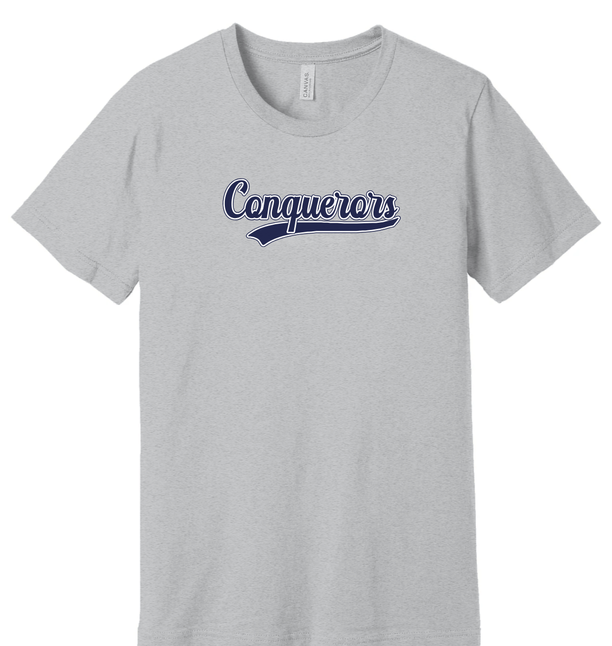 Conquerors script swoosh t-shirt, navy on Athletic Heather