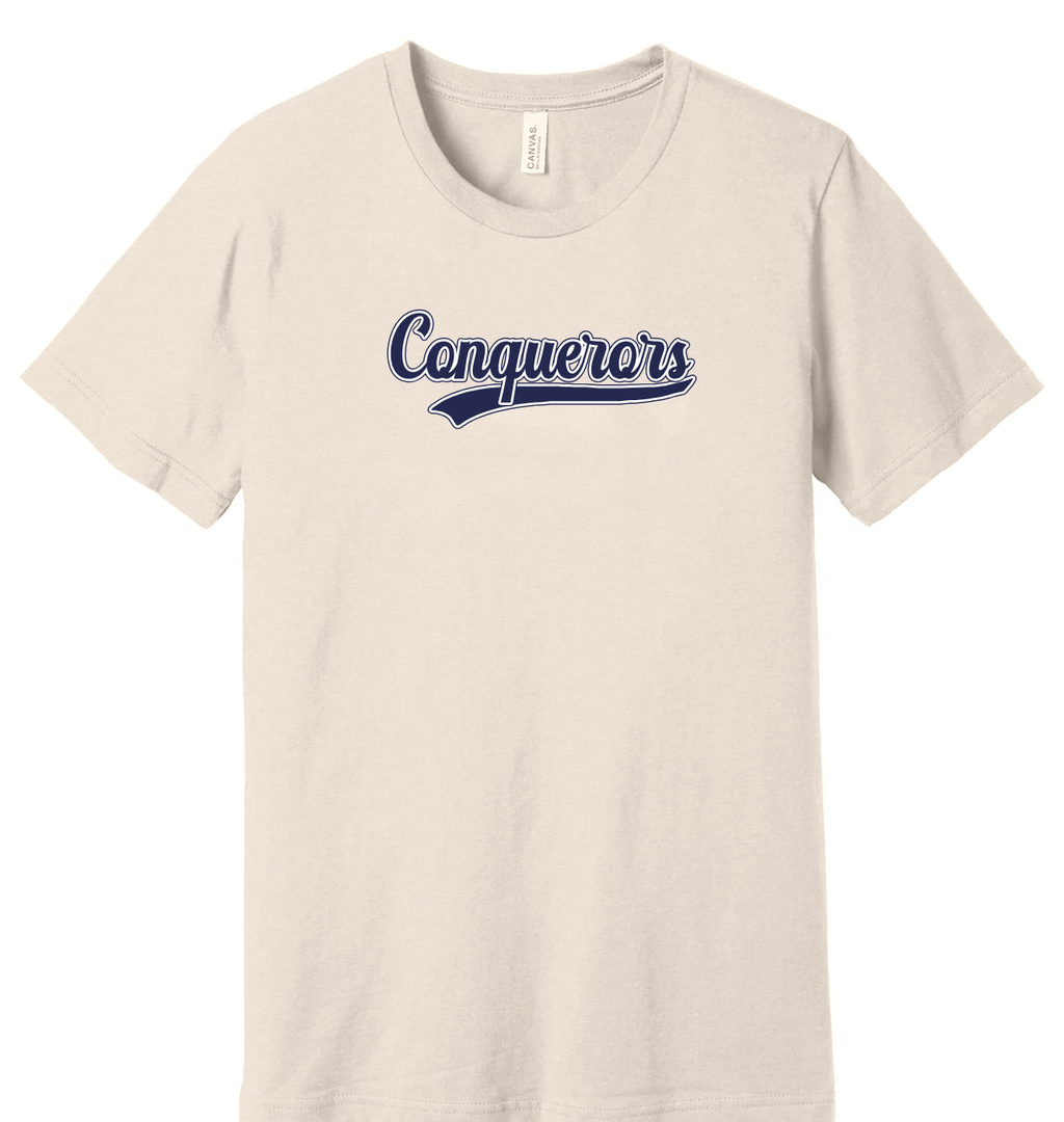 Conquerors script swoosh t-shirt, navy on Heather Antique White