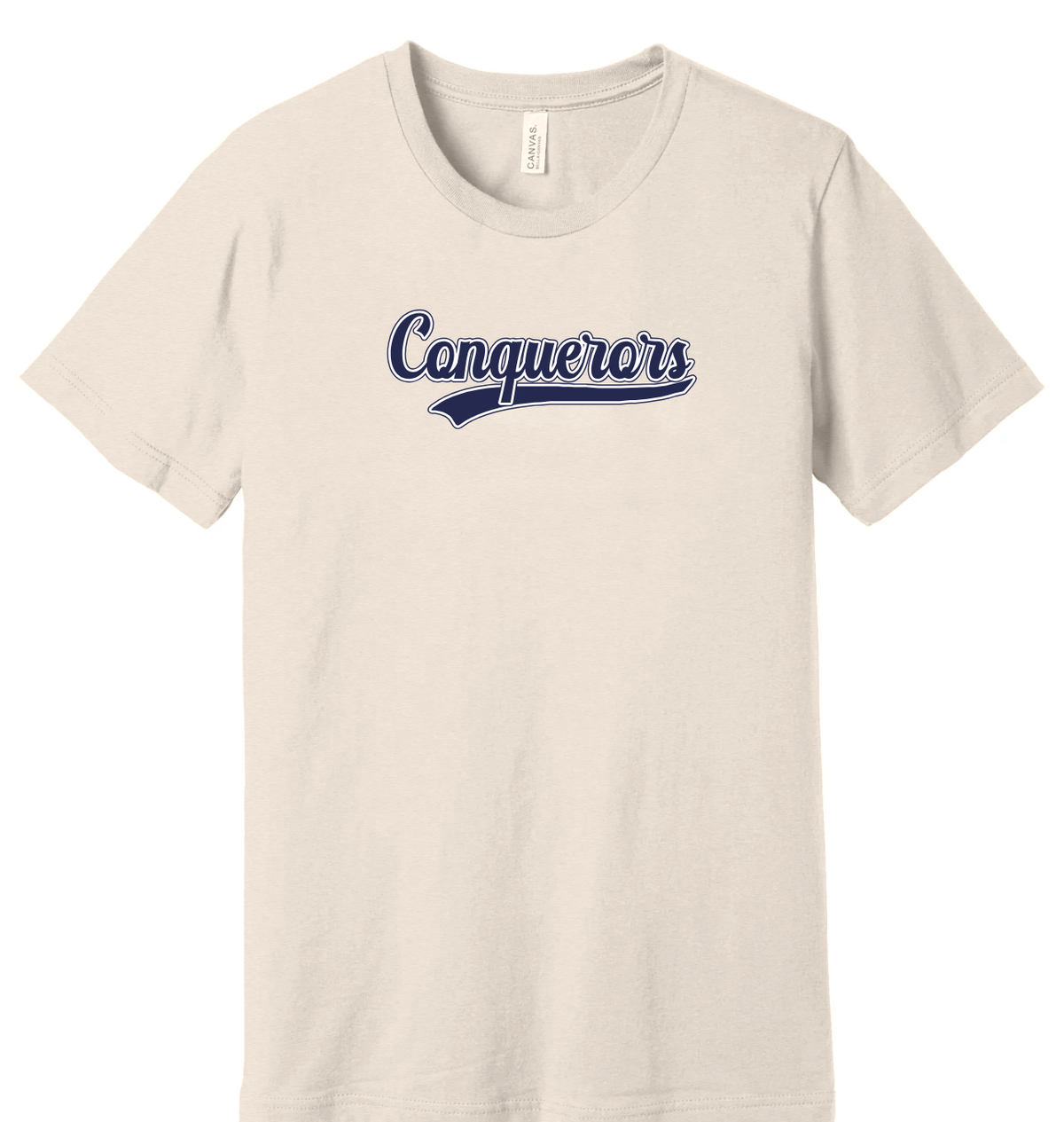 Conquerors script swoosh t-shirt, navy on Heather Antique White