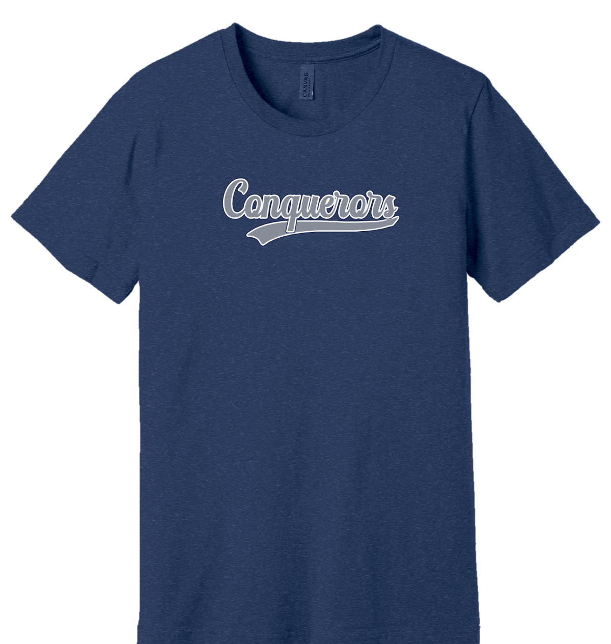 Conquerors script swoosh t-shirt, silver on Heather Navy
