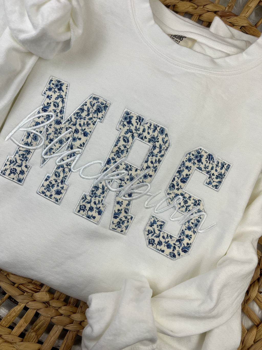 MRS embroidered sweatshirt in blue and cream monotone lettering