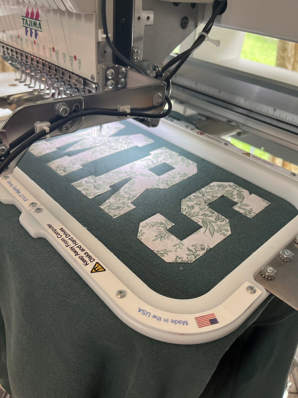 MRS applique sweatshirt in sage chinoiserie print with embroidered last name - detail view 8