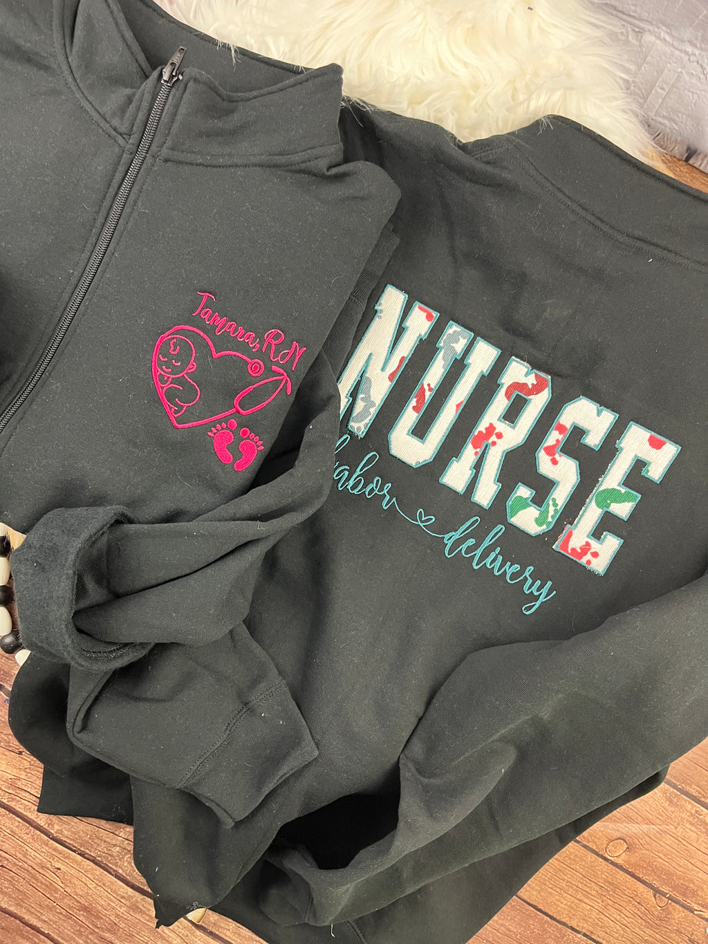 Nurse quarter zip sweatshirt made with a baby hospital swaddle blanket - detail view 2