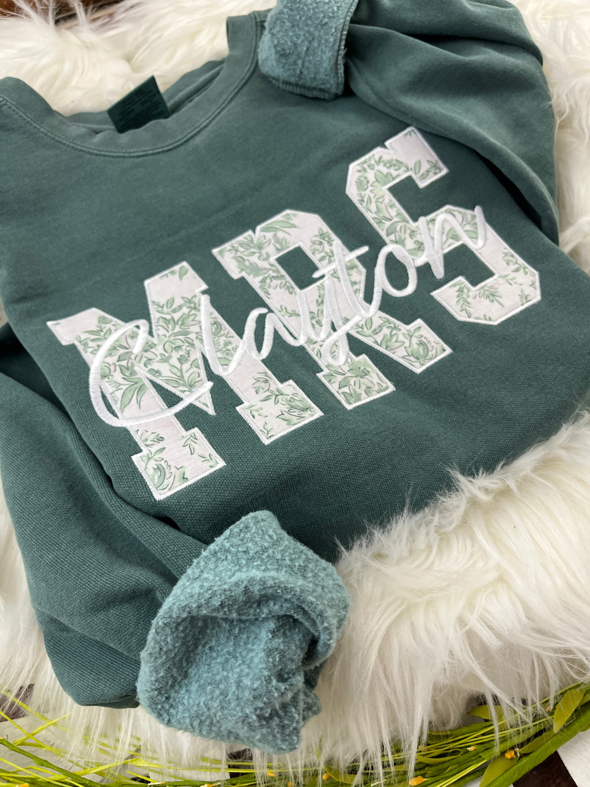 MRS applique sweatshirt in sage chinoiserie print with embroidered last name - detail view 4