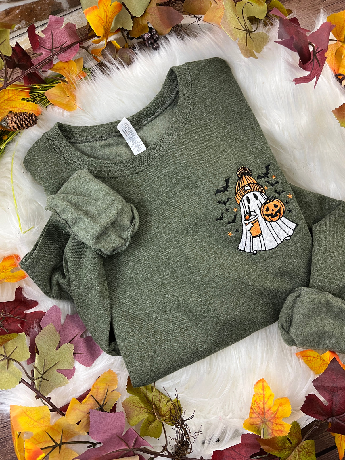 Embroidered spooky ghost sweatshirt with iced latte and orange beanie - detail view 2