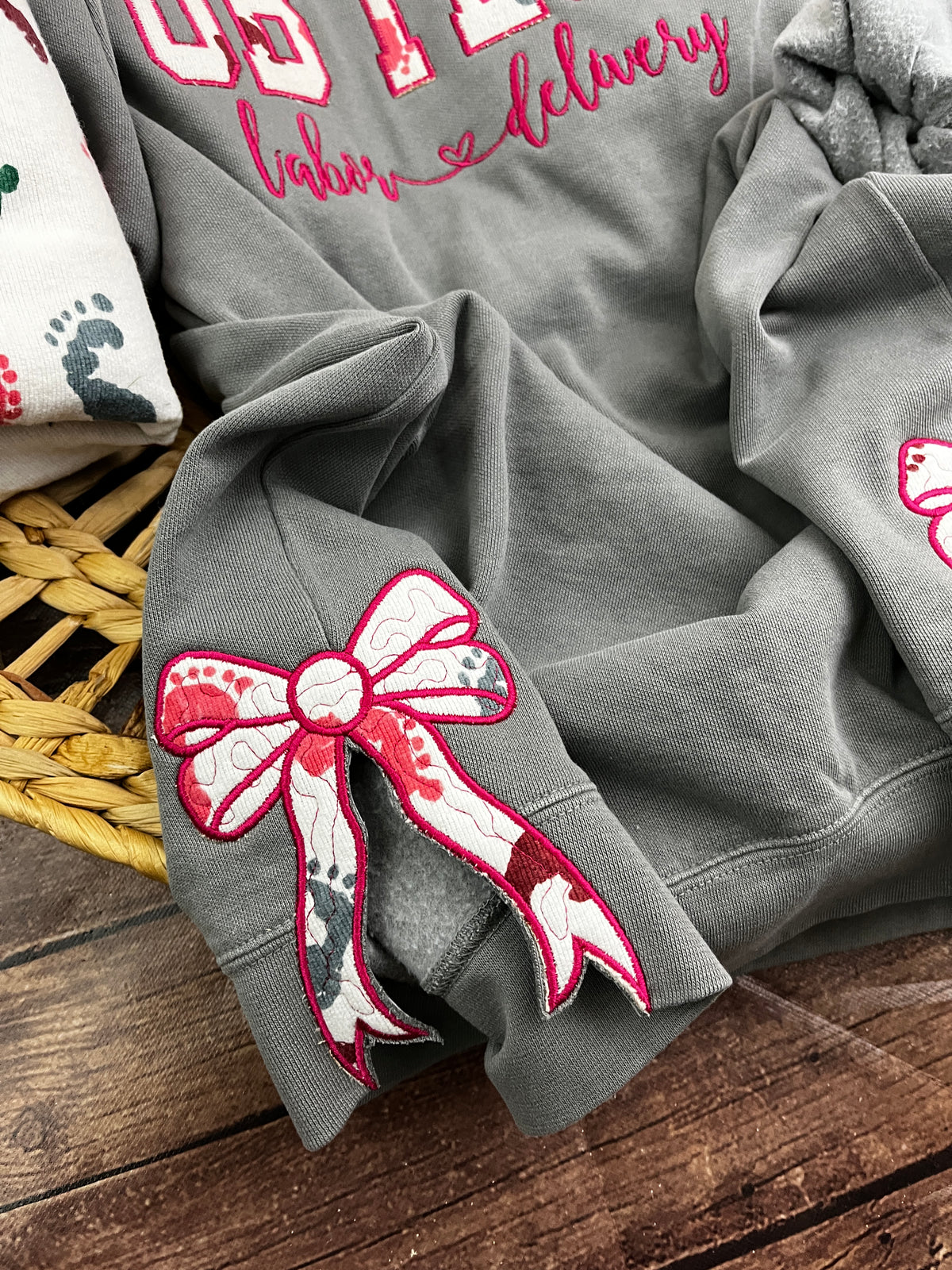 Add on side bows made from baby clothes for a keepsake sweatshirt - alternate view