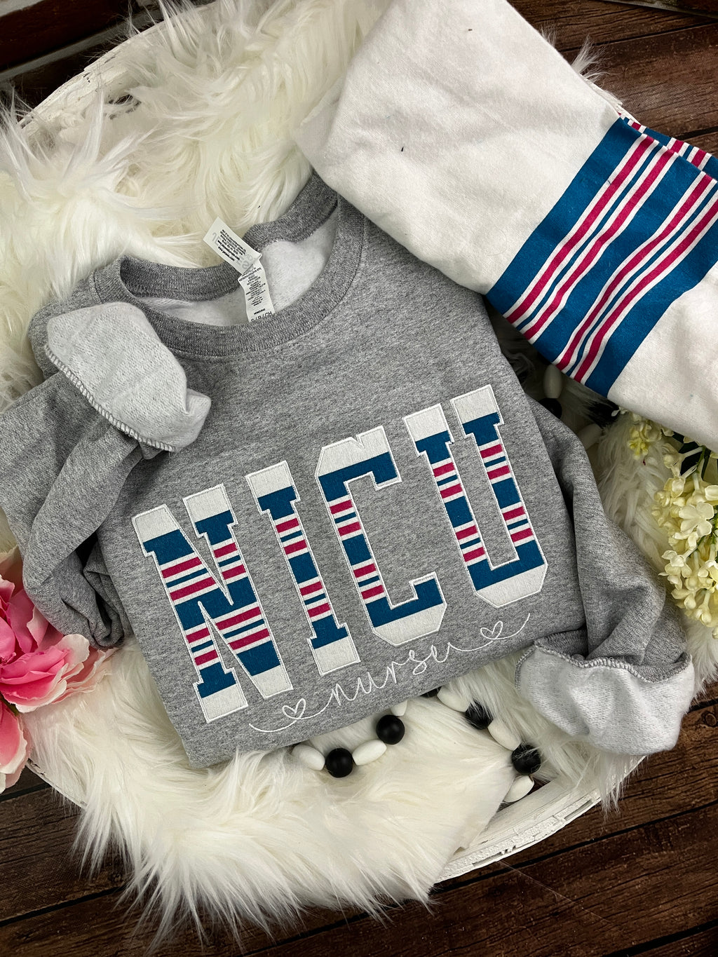 NICU nurse keepsake sweatshirt appliqued from a baby hospital blanket - alternate view