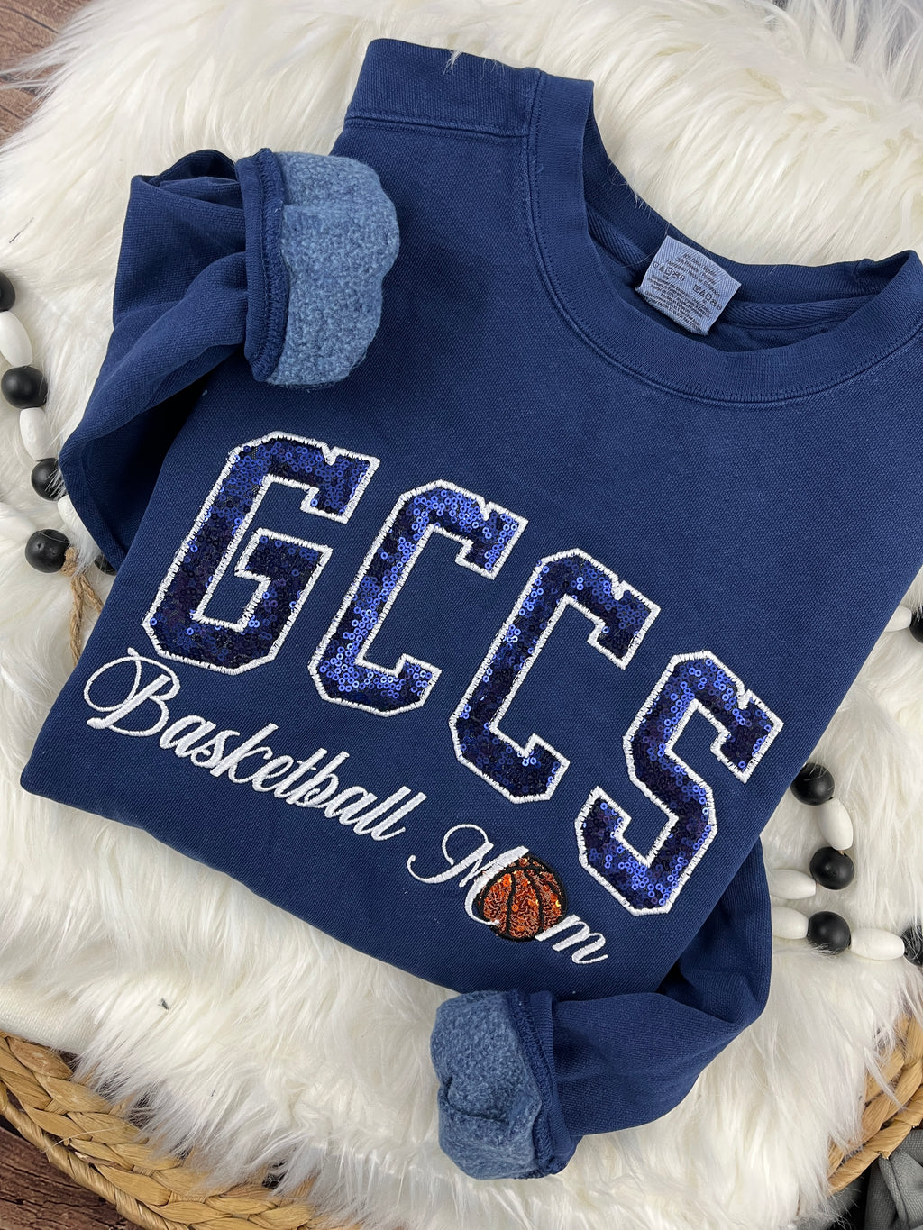 Basketball mom sweatshirt with navy sequin school lettering - detail view 8