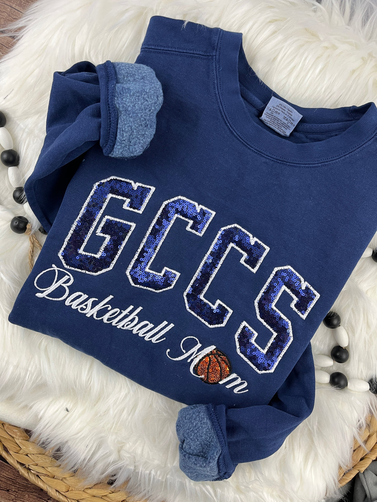 Basketball mom sweatshirt with navy sequin school lettering - detail view 8