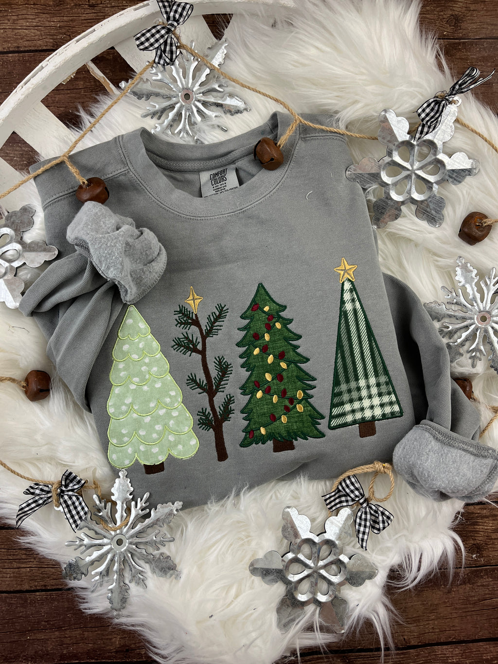 Christmas tree applique sweatshirt with embroidered holiday tree design