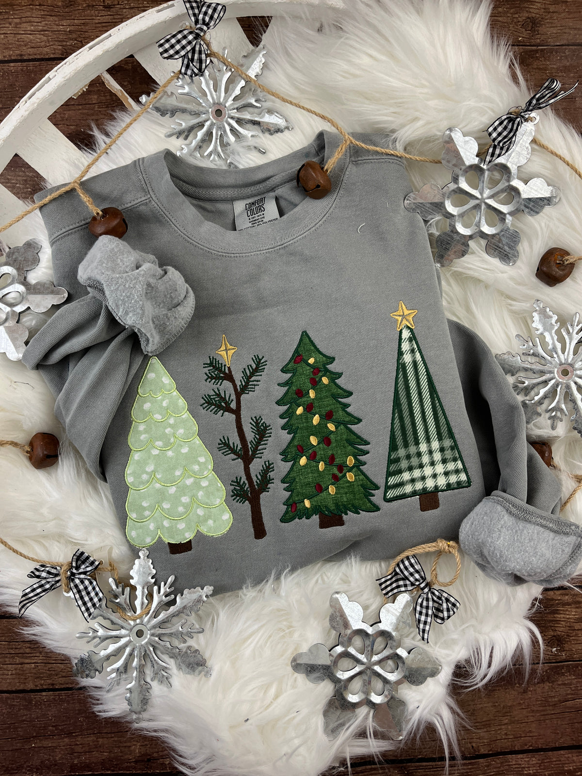 Christmas tree applique sweatshirt with embroidered holiday tree design
