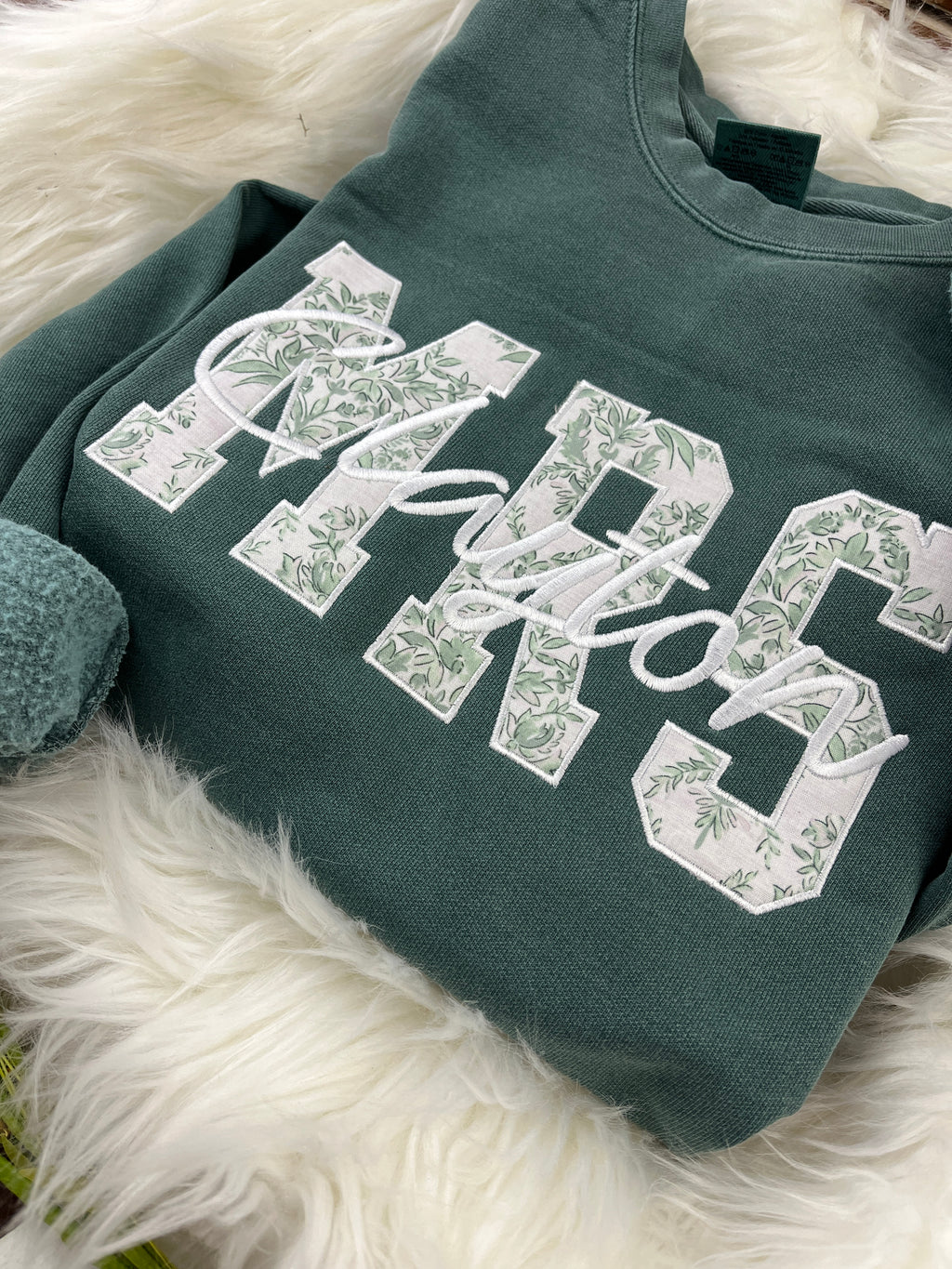 MRS applique sweatshirt in sage chinoiserie print with embroidered last name
