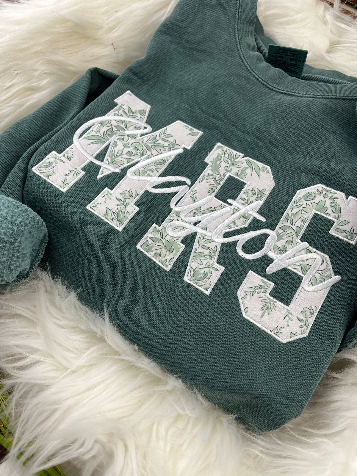 MRS applique sweatshirt in sage chinoiserie print with embroidered last name