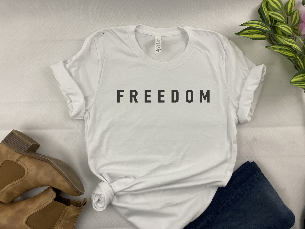 FREEDOM shirt in minimalist black block font
