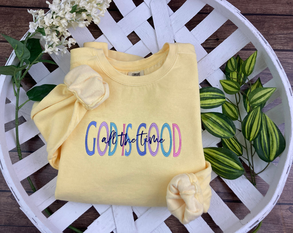 Embroidered God is Good All the Time Christian scripture shirt - detail view