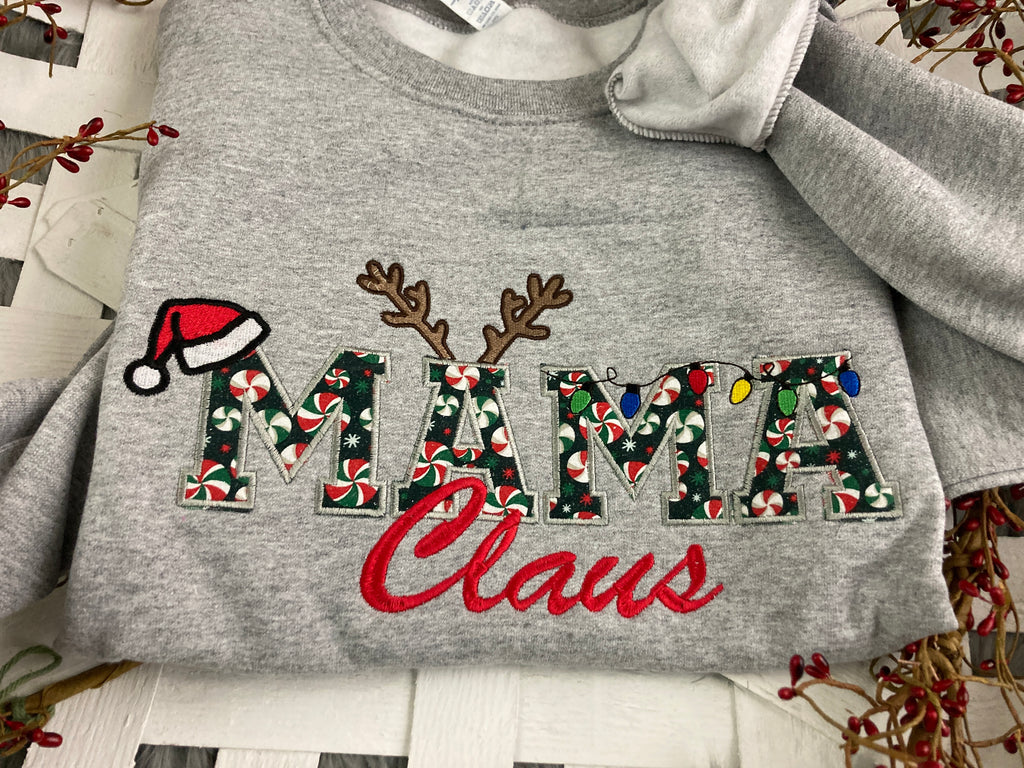 Mama Claus embroidered applique Christmas shirt - detail view