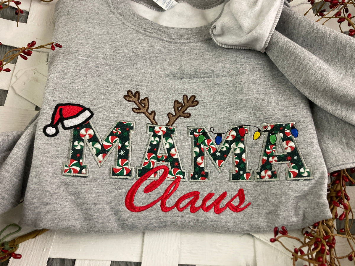 Mama Claus embroidered applique Christmas shirt - detail view