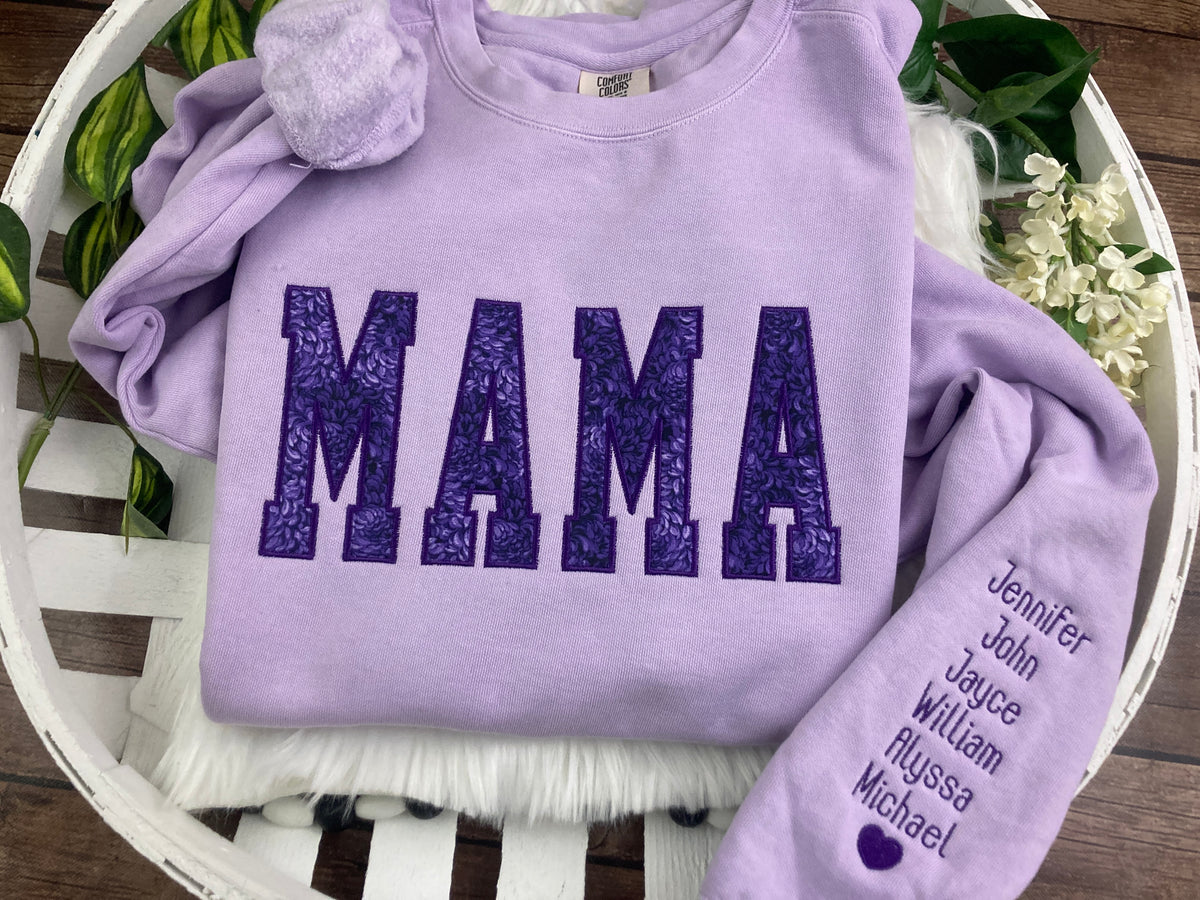Mama applique keepsake sweatshirt made from family fabric - design close up