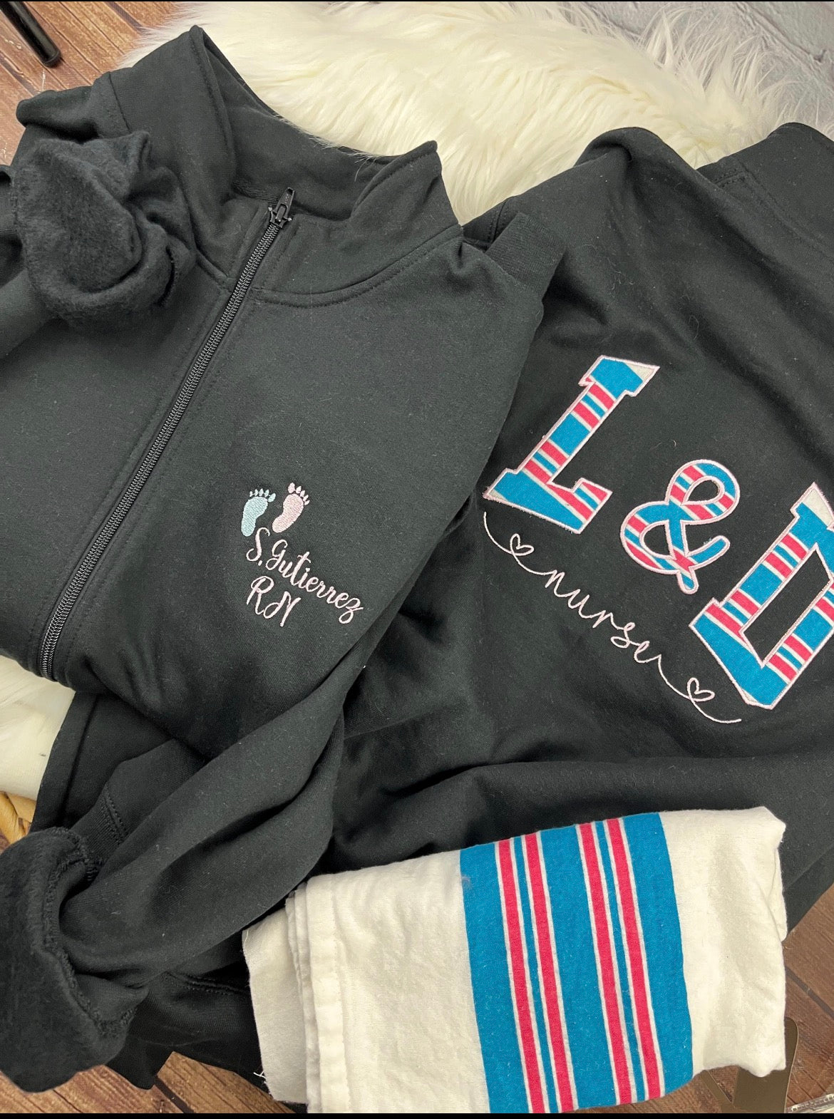 Labor and delivery nurse zip sweatshirt with baby swaddle blanket accent - detail view