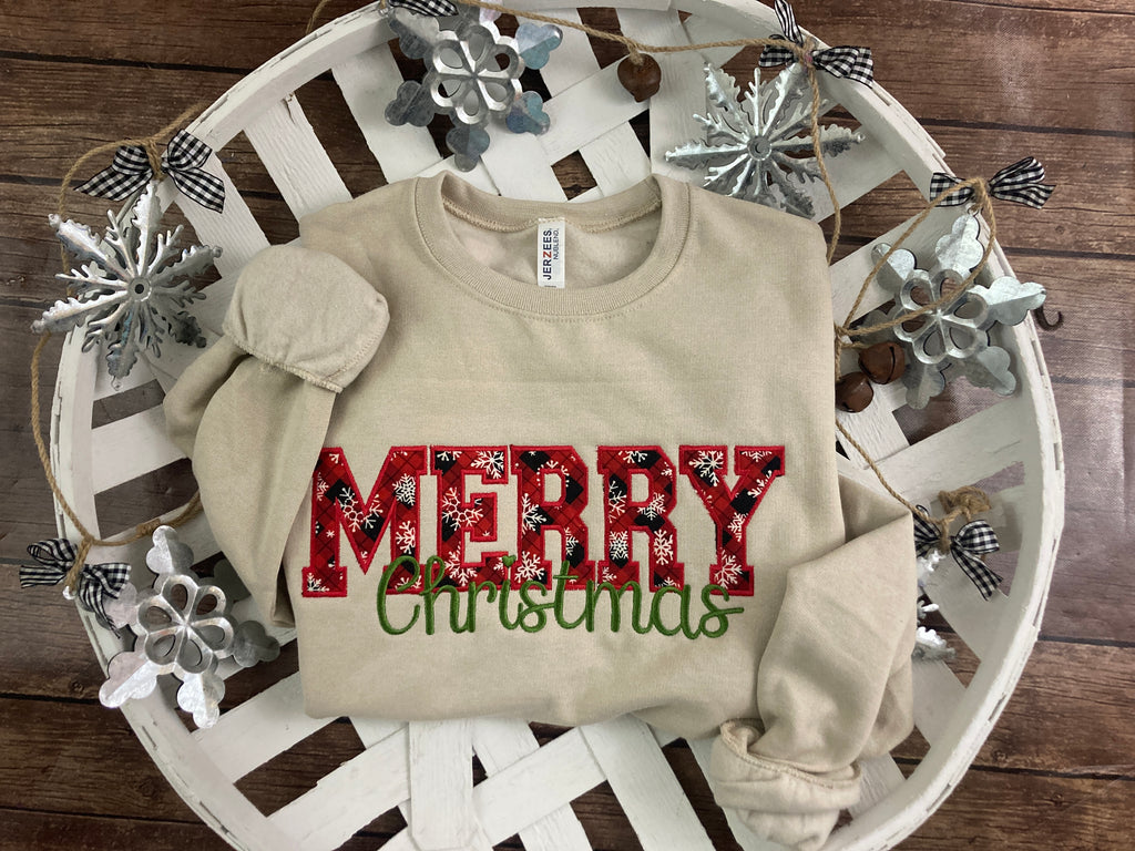 Embroidered Merry Christmas buffalo plaid snowflake applique shirt