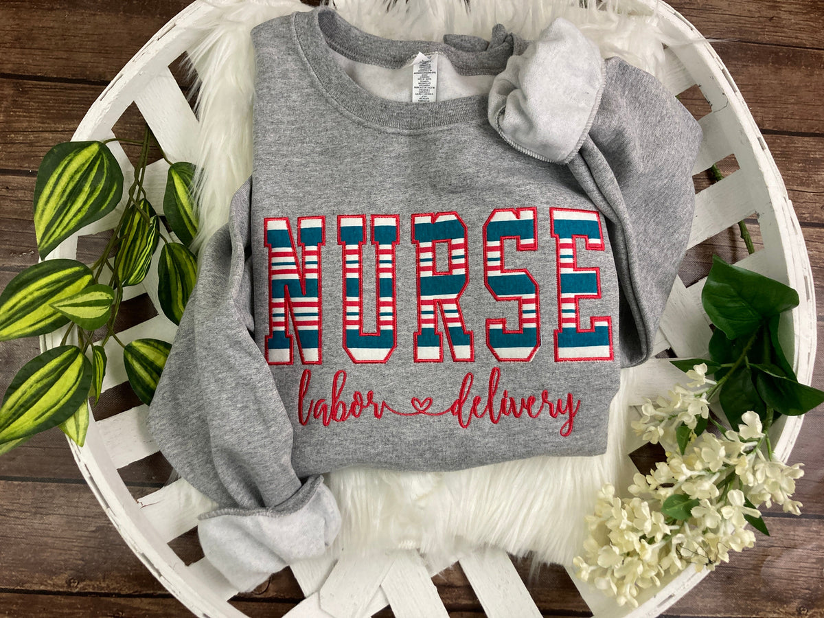 Bulk order nurse keepsake sweatshirts appliqued from hospital blankets - additional view