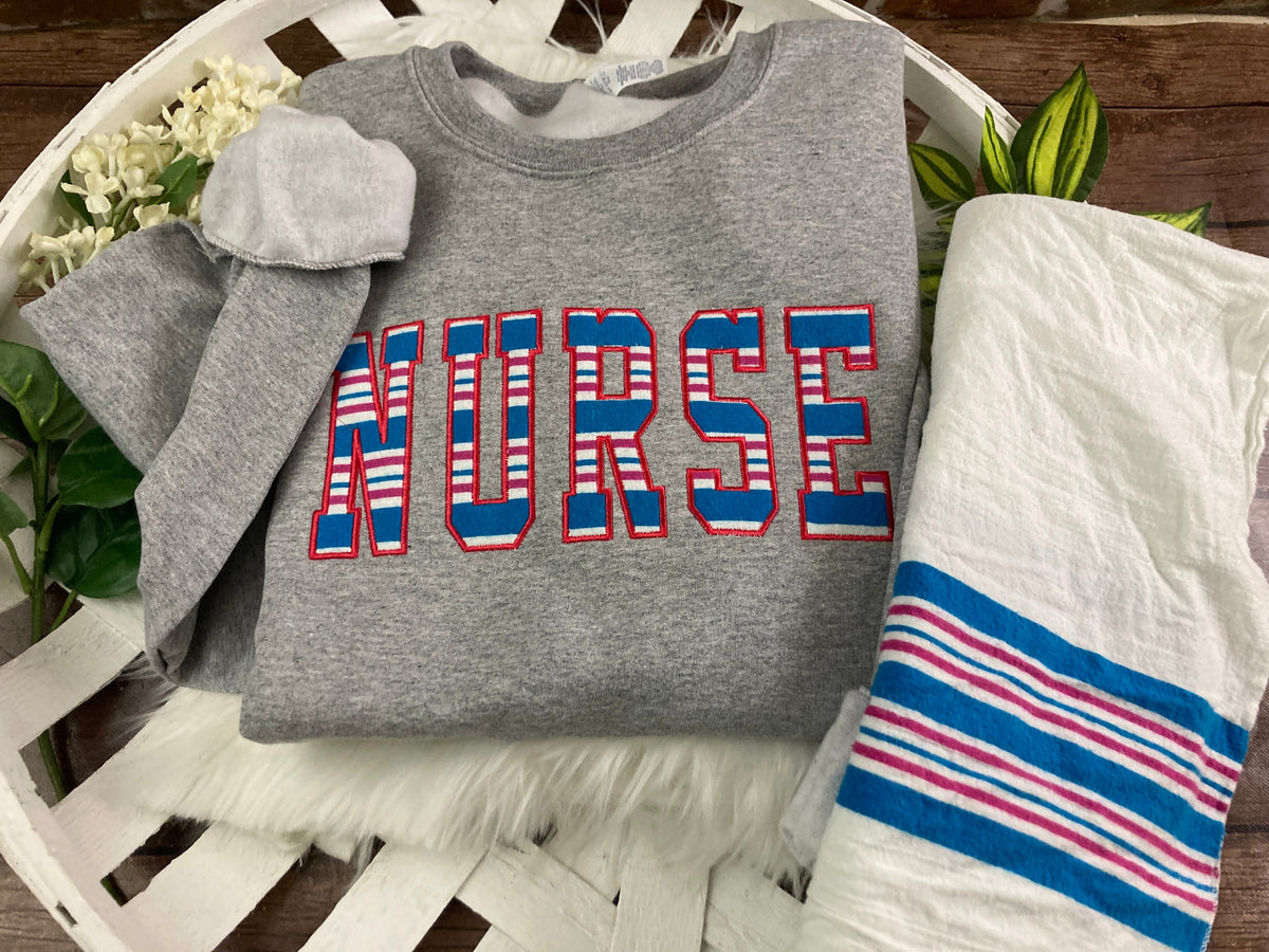 Bulk order nurse keepsake sweatshirts appliqued from hospital blankets - alternate view