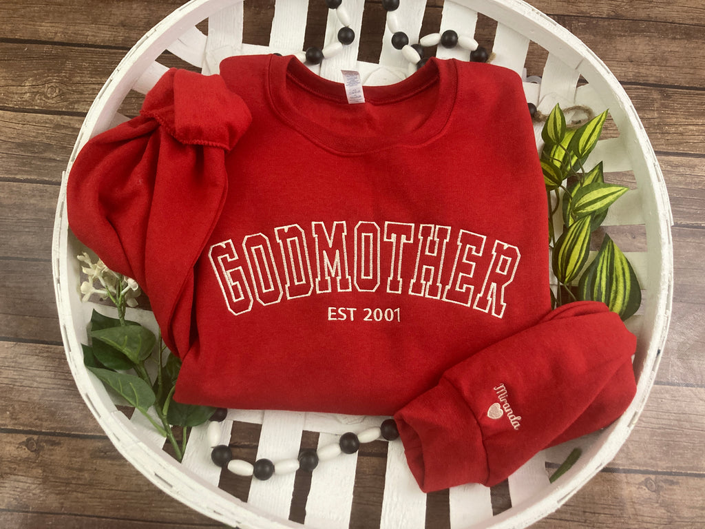 Varsity font embroidered mama sweatshirt with names on the sleeve