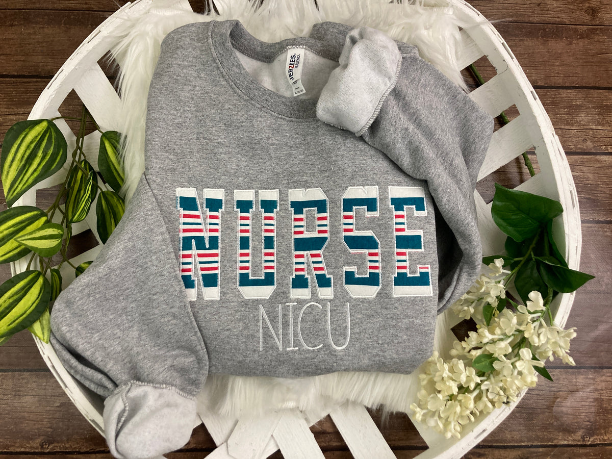 Nurse keepsake sweatshirt appliqued from a baby hospital swaddle blanket - styling option