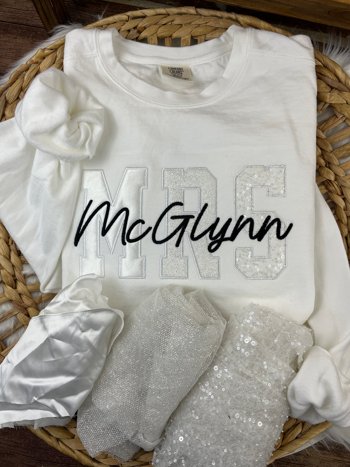 MRS applique sweatshirt in sage chinoiserie print with embroidered last name - detail view 2